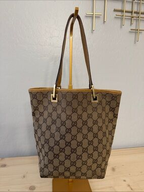 Vintage Gucci GG Canvas Tote Bag with Gold Hardware